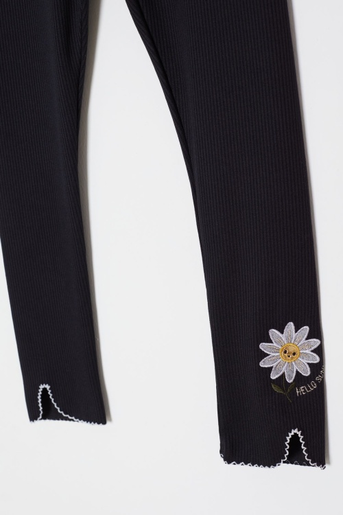 Siyah Papatya Nakışlı Fitilli Kız Çocuk Yırtmaçlı Tayt 18139