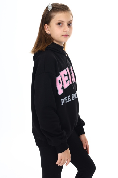 Siyah Pengai Yazı Baskı Polarlı Kız Çocuk Sweatshirt 18328