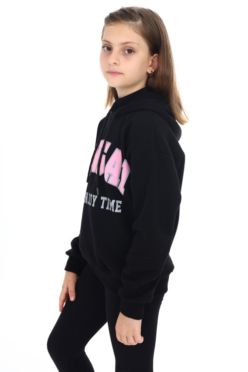 Siyah Pengai Yazı Baskı Polarlı Kız Çocuk Sweatshirt 18328