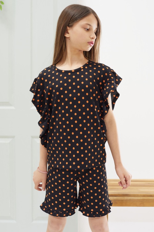 Siyah Puantiyeli Fırfırlı Bluzlu Kız Çocuk Şortlu Takım 18554