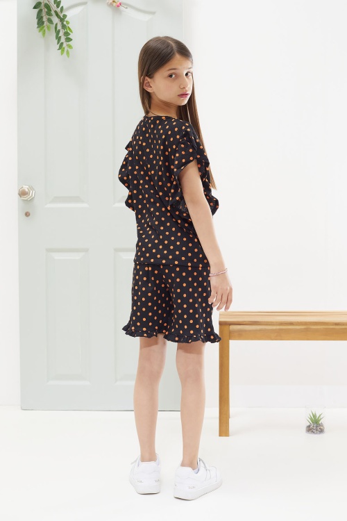 Siyah Puantiyeli Fırfırlı Bluzlu Kız Çocuk Şortlu Takım 18554