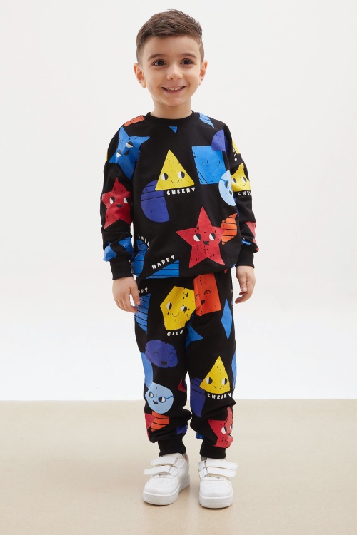 Siyah Sevimli Şekiller Temalı Erkek Çocuk Eşofman Takımı 17931