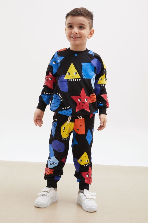 Siyah Sevimli Şekiller Temalı Erkek Çocuk Eşofman Takımı 17931