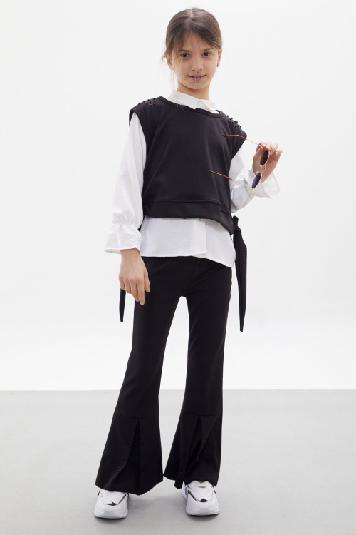 Siyah Süveterli Gömlekli Boncuk Detaylı Yırtmaçlı Taytlı Kız Çocuk Takım 18090