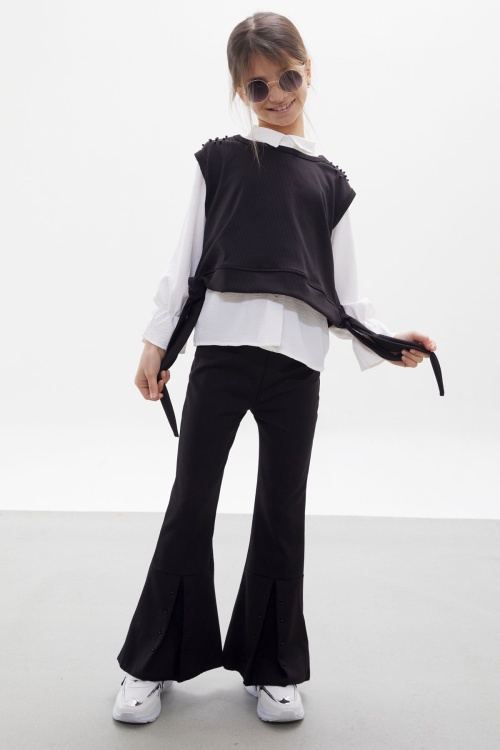 Siyah Süveterli Gömlekli Boncuk Detaylı Yırtmaçlı Taytlı Kız Çocuk Takım 18090