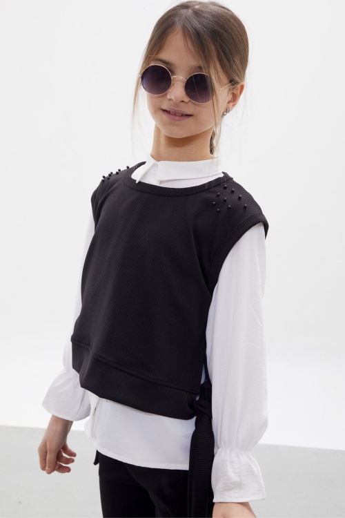 Siyah Süveterli Gömlekli Boncuk Detaylı Yırtmaçlı Taytlı Kız Çocuk Takım 18090