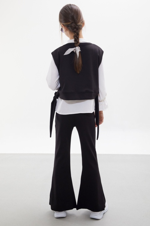 Siyah Süveterli Gömlekli Boncuk Detaylı Yırtmaçlı Taytlı Kız Çocuk Takım 18090