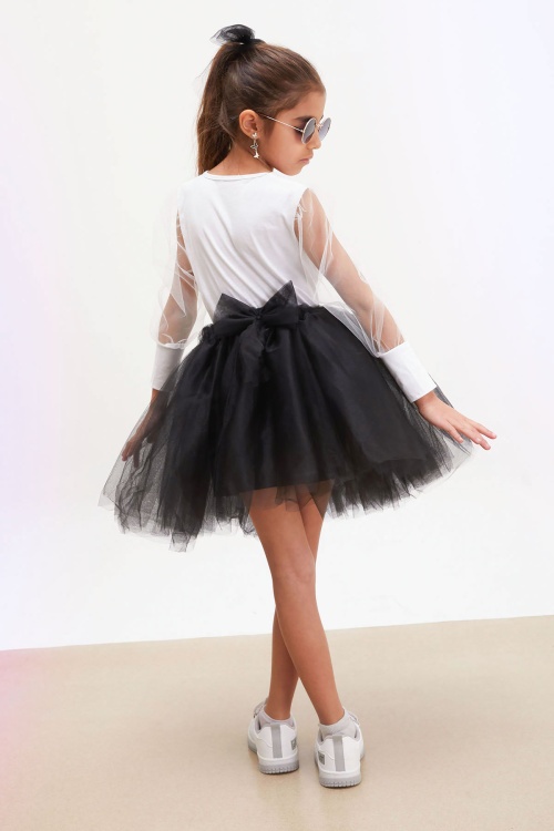 Siyah Tütü Etekli Kolları Tüllü Bluzlu Kız Çocuk Elbise Takımı 17733