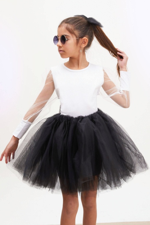 Siyah Tütü Etekli Kolları Tüllü Bluzlu Kız Çocuk Elbise Takımı 17733