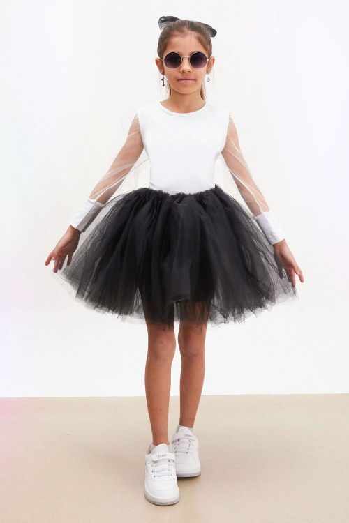 Siyah Tütü Etekli Kolları Tüllü Bluzlu Kız Çocuk Elbise Takımı 17733
