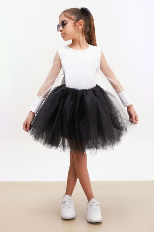 Siyah Tütü Etekli Kolları Tüllü Bluzlu Kız Çocuk Elbise Takımı 17733