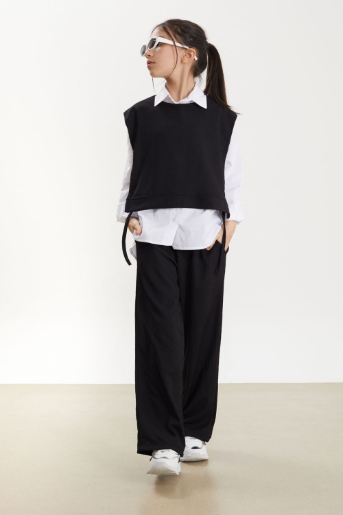 Siyah Yandan Bağlamalı Süveterli Gömlekli Kız Çocuk 3lü Takım 18488