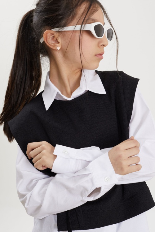 Siyah Yandan Bağlamalı Süveterli Gömlekli Kız Çocuk 3lü Takım 18488