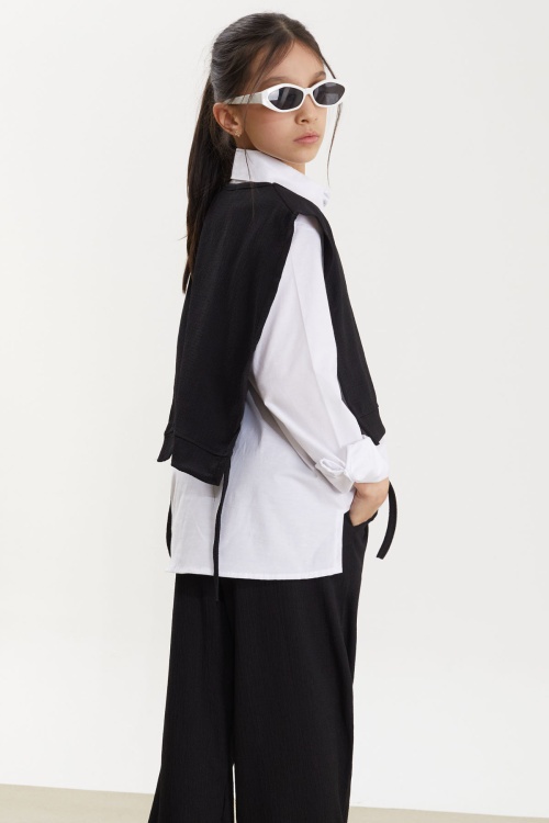 Siyah Yandan Bağlamalı Süveterli Gömlekli Kız Çocuk 3lü Takım 18488