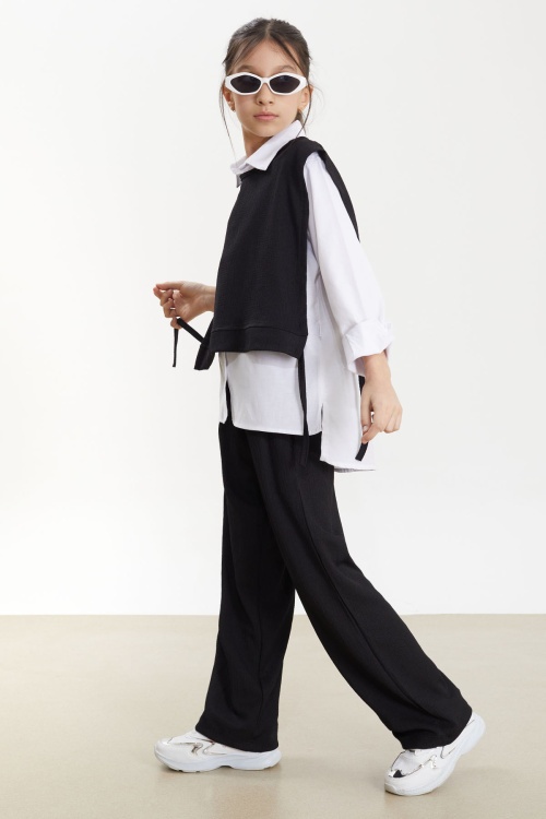 Siyah Yandan Bağlamalı Süveterli Gömlekli Kız Çocuk 3lü Takım 18488