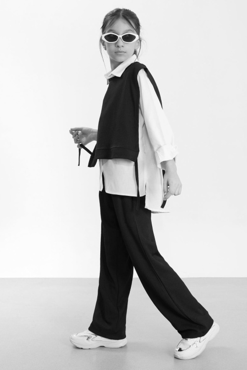 Siyah Yandan Bağlamalı Süveterli Gömlekli Kız Çocuk 3lü Takım 18488