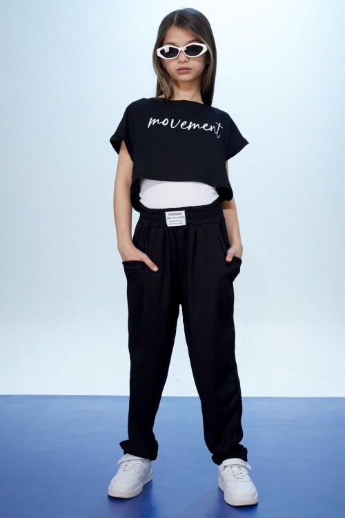 Siyah Yazılı Croplu Büstiyerli Kız Çocuk Pantolonlu Takım 18433