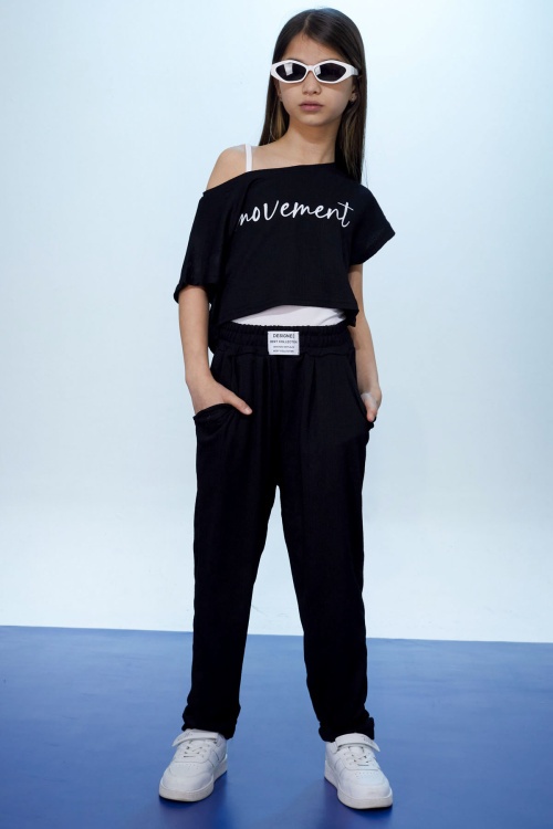 Siyah Yazılı Croplu Büstiyerli Kız Çocuk Pantolonlu Takım 18433