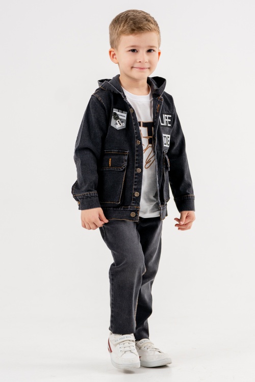 Siyah Yazılı Jean Ceketli Pantolonlu Erkek Çocuk Tişörtlü 3lü Takım 18176