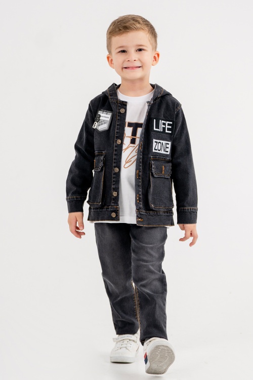 Siyah Yazılı Jean Ceketli Pantolonlu Erkek Çocuk Tişörtlü 3lü Takım 18176