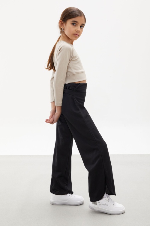 Siyah Yırtmaçlı Paça Kuşaklı Viskon Kumaş Kız Pantolon 18099