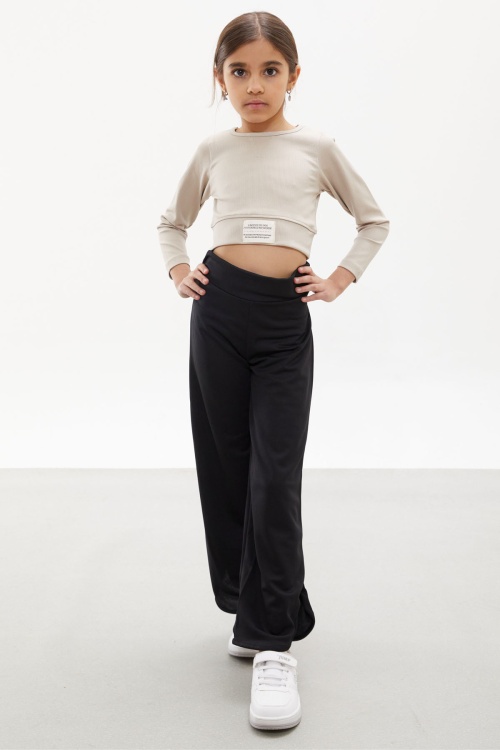 Siyah Yırtmaçlı Paça Kuşaklı Viskon Kumaş Kız Pantolon 18099