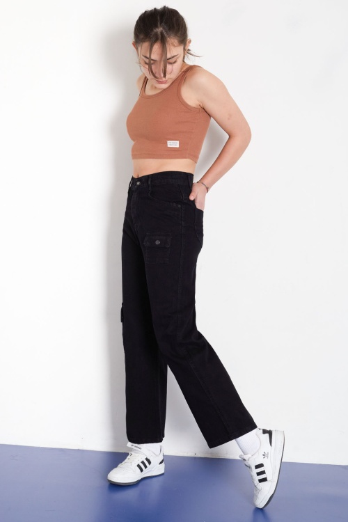 Siyah Yüksek Bel Kapaklı Cepli Kız Çocuk Geniş Paça Jean Pantolon 18335