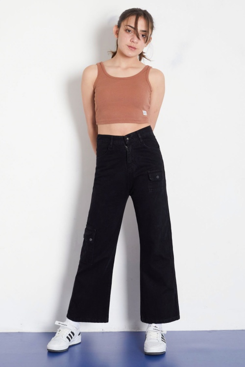 Siyah Yüksek Bel Kapaklı Cepli Kız Çocuk Geniş Paça Jean Pantolon 18335