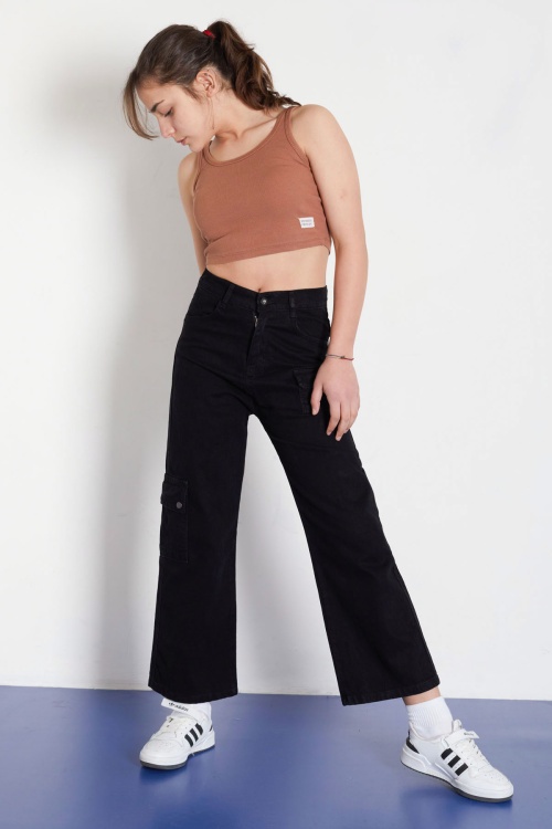 Siyah Yüksek Bel Kapaklı Cepli Kız Çocuk Geniş Paça Jean Pantolon 18335