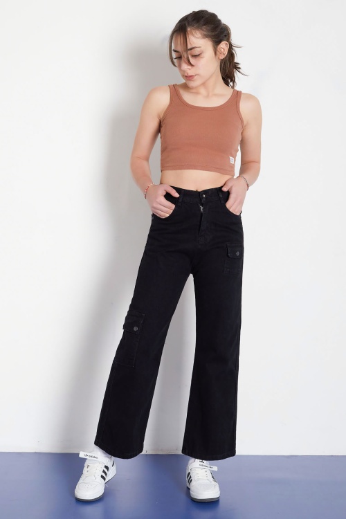 Siyah Yüksek Bel Kapaklı Cepli Kız Çocuk Geniş Paça Jean Pantolon 18335