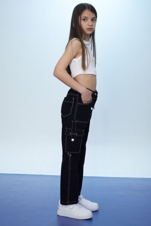 Siyah Yüksek Bel Kargo Cepli Beyaz Dikişli Kız Pantolon 18365