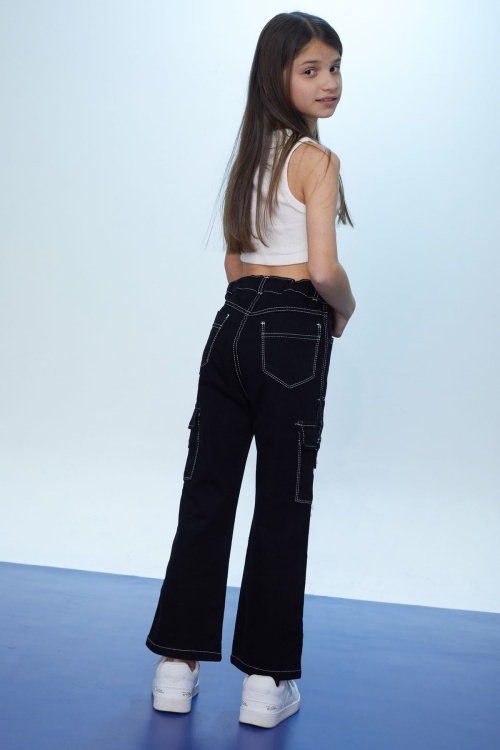 Siyah Yüksek Bel Kargo Cepli Beyaz Dikişli Kız Pantolon 18365