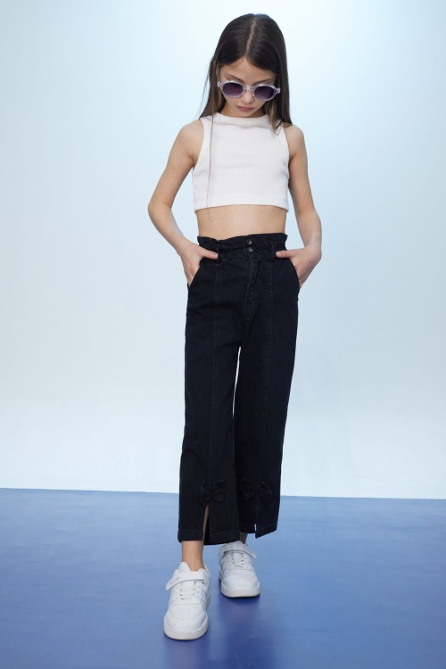 Siyah Yüksek Bel Yırtmaçlı Paçası Fiyonklu Kız Çocuk Jean Pantolon 18364