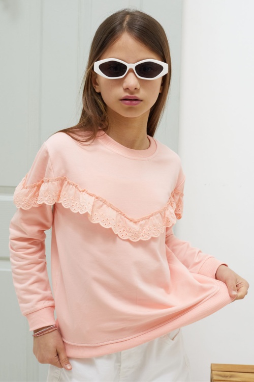 Somon Dantel Detaylı Bisiklet Yaka Kız Çocuk Sweatshirt 18547