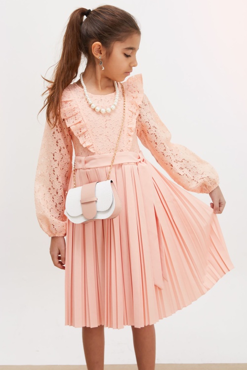 Somon Dantel Tüllü Kemerli Kız Çocuk Kolye ve Çantalı Elbise 18068