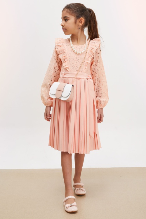 Somon Dantel Tüllü Kemerli Kız Çocuk Kolye ve Çantalı Elbise 18068