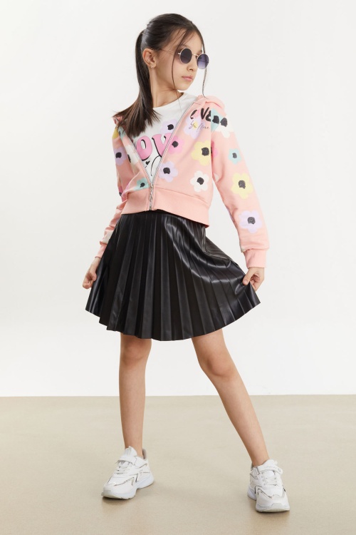 Somon Deri Etekli Kapüşonlu Hırkalı 3lü Kız Takım 17475