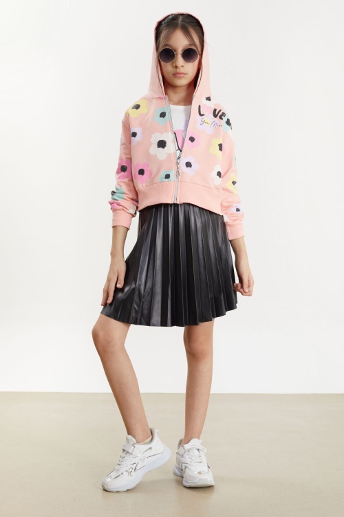 Somon Deri Etekli Kapüşonlu Hırkalı 3lü Kız Takım 17475