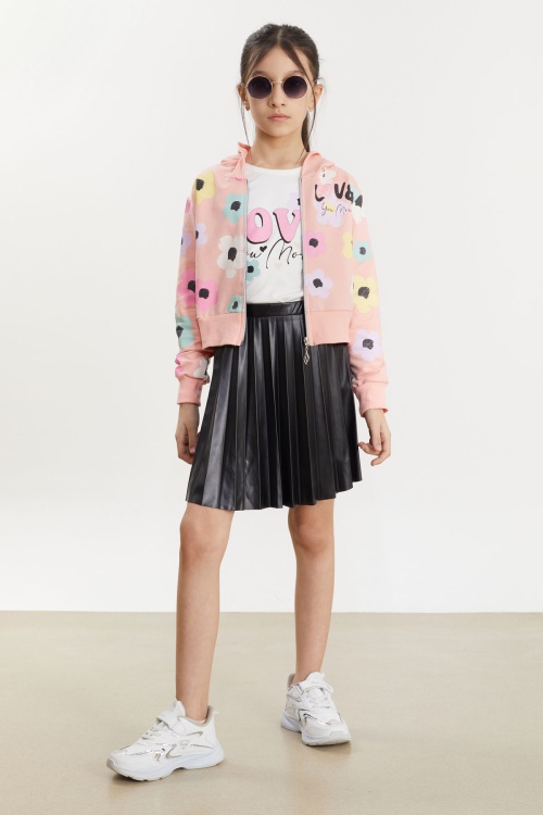 Somon Deri Etekli Kapüşonlu Hırkalı 3lü Kız Takım 17475