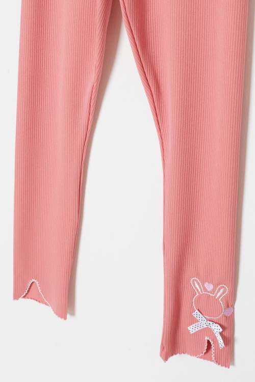 Somon Fiyonklu Tavşan Nakışlı Fitilli Kız Çocuk Yırtmaçlı Tayt 18149