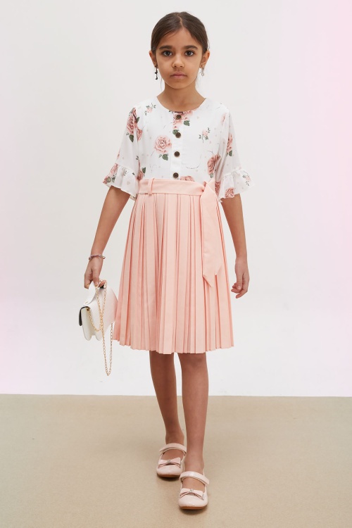 Somon Gül Desenli Kısa Kollu Çantalı Kız Çocuk Pileli Elbise 18192