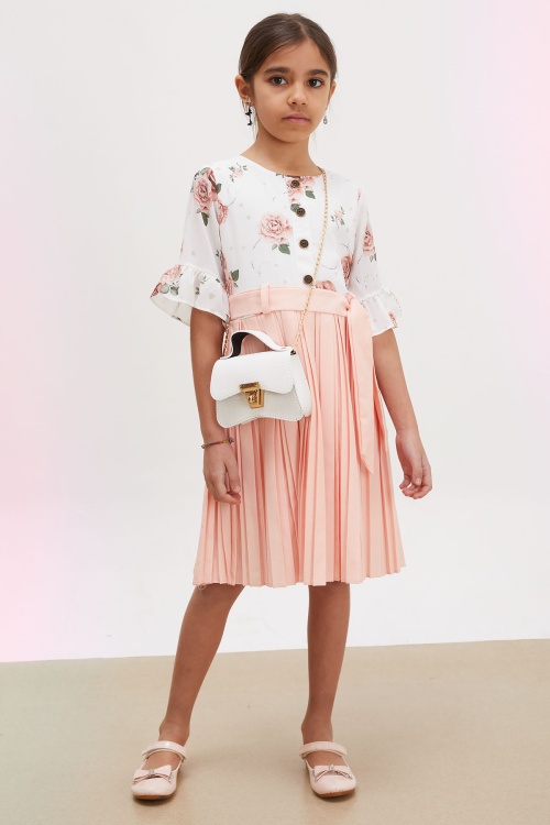 Somon Gül Desenli Kısa Kollu Çantalı Kız Çocuk Pileli Elbise 18192