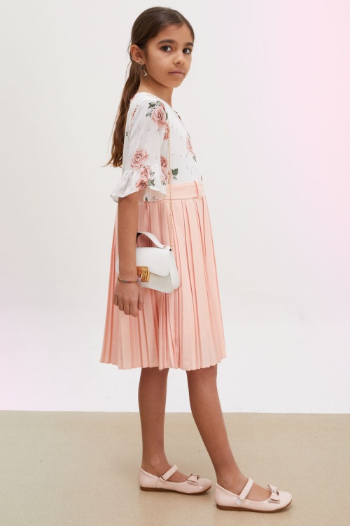 Somon Gül Desenli Kısa Kollu Çantalı Kız Çocuk Pileli Elbise 18192