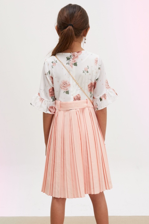 Somon Gül Desenli Kısa Kollu Çantalı Kız Çocuk Pileli Elbise 18192