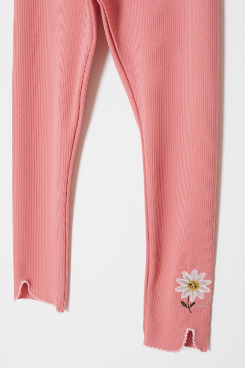 Somon Papatya Nakışlı Fitilli Kız Çocuk Yırtmaçlı Tayt 18143