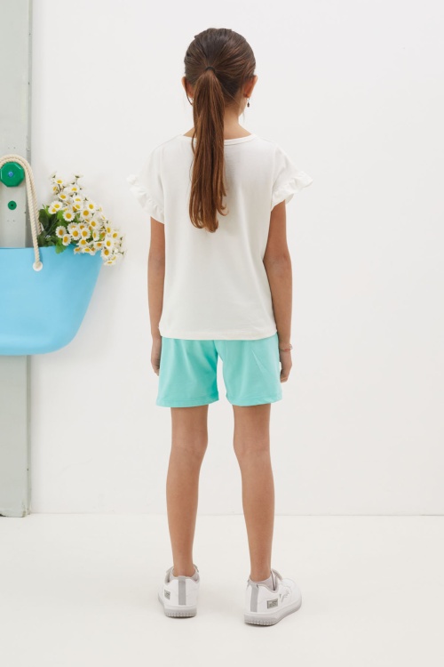 Su Yeşili Çiçek Baskılı Yazılı Mini Şortlu Kız Çocuk Takım 18689