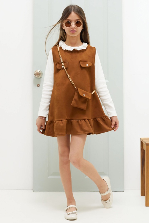 Taba Dantel Yaka Badili Çantalı Kız Çocuk Süet Elbise 18589