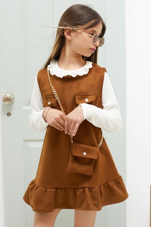 Taba Dantel Yaka Badili Çantalı Kız Çocuk Süet Elbise 18589