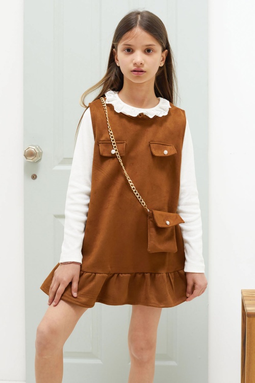 Taba Dantel Yaka Badili Çantalı Kız Çocuk Süet Elbise 18589