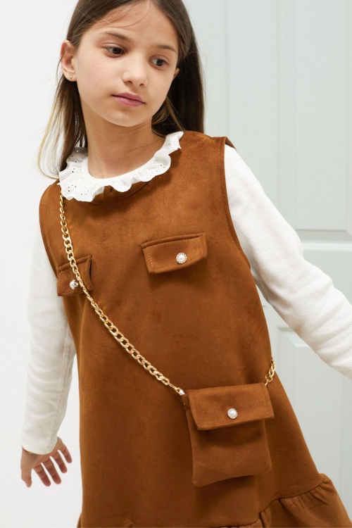 Taba Dantel Yaka Badili Çantalı Kız Çocuk Süet Elbise 18589